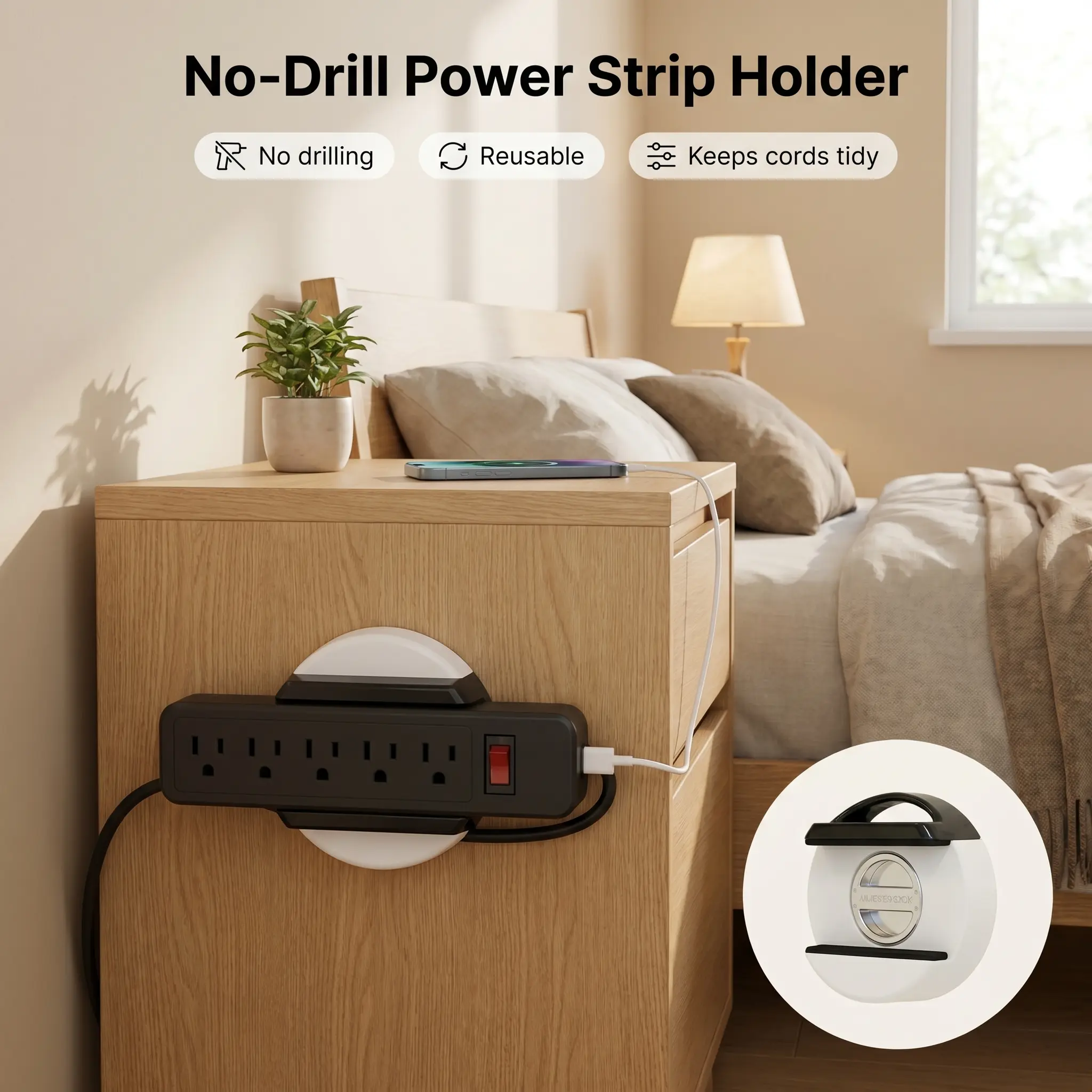 No-Drill Power Strip Organizer, Reusable Cable Management Mount for Desk, Kitchen, Apartment & Dorm Room