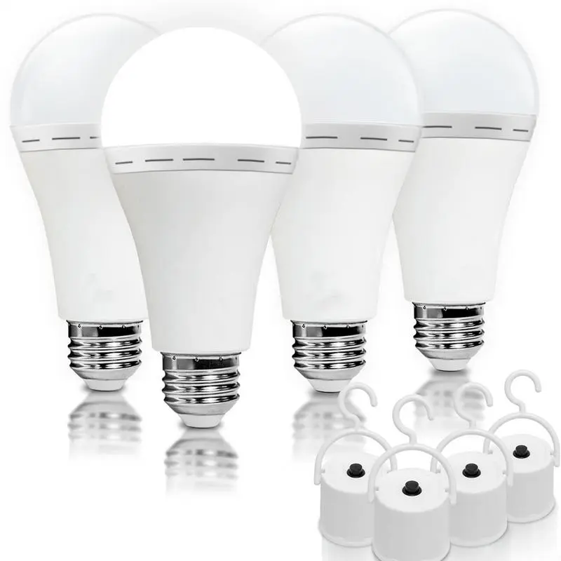 4 Pack Rechargeable Emergency Light Bulbs A19, Camping Lamp Battery Powered LED Light Bulb 6000K Daylight E26 E27 120 Volt 12W 60W Equivalent with 1200mAh for Home Power Outage Camping Hurricane
