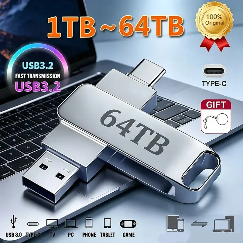64TB Metal Flash Drive USB 3.2 High Speed Transfer Portable Waterproof U Disk Type-C Memoria USB Stick For Phone Computer Car