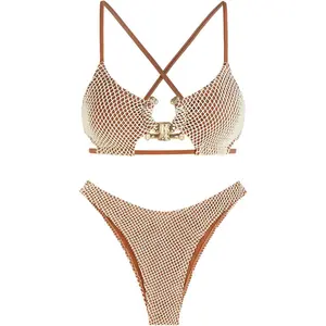 ZAFUL Women's Cutout Bikini Criss Cross Textured Metal High Leg Bikini Sets Cheeky Bikini Two Piece Swimsuit