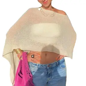 Meihuida Women Sheer Poncho Top Knit Crochet Lightweight See Through Shawl Summer Shrug Beach Cover Up