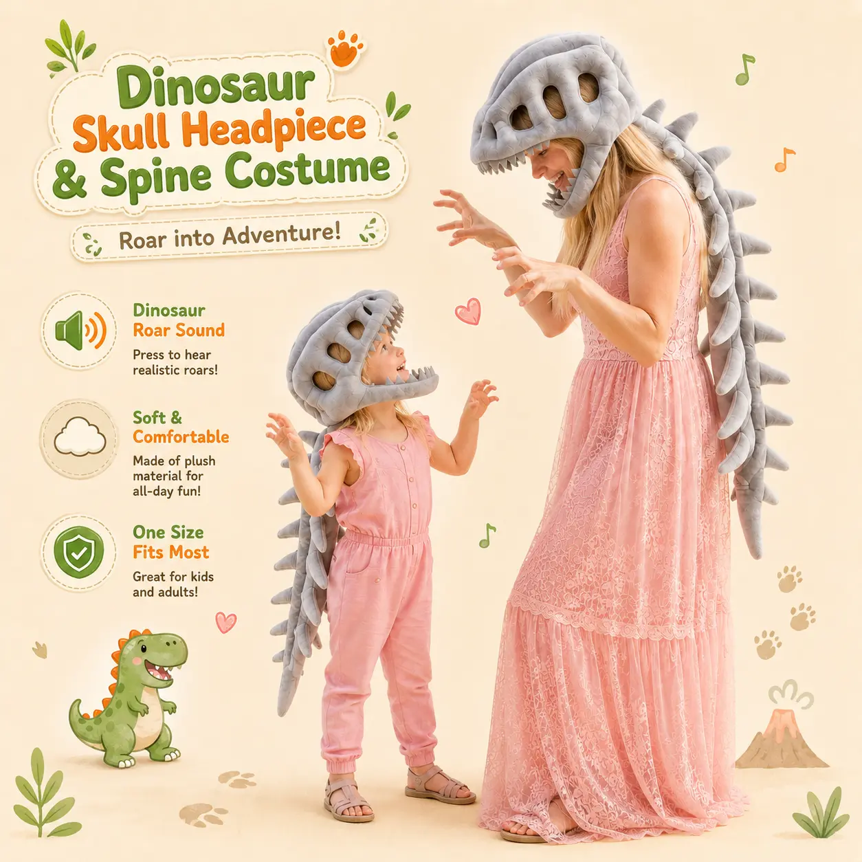 Plush Dinosaur Bone Role Play Hat - Playful Festive & Party Headgear with Sound Effect, Parent-Child Events Accessory, Photo Prop, Soft Decor, Creative Gift for Dinosaur Fans