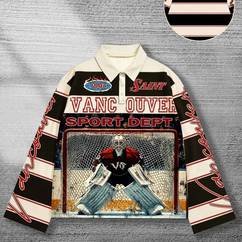 Y2K fashion striped polo collar long sleeved t-shirt for men, sports ice hockey player printed striped shirt collar long sleeved unisex street fashion sports long sleeved t-shirt Instagram style, Casual Sportswear, Sportswear Top