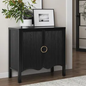 Wood Transitional Fluted Cabinet w/ Brass Handle Black Oak