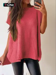 Women's Plain Textured Split Hem Batwing Sleeve Knit Top, Casual Short Sleeve Round Neck Knitwear for Summer, Fashion Women's Knit Clothing for Daily Wear, Casual Pullover Tops, Cute Tops, Womenswear