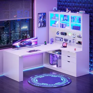 Sedeta 67" Sturdy Computer Desk - L-Shaped Corner Office Furniture, LED Light Strip, 3 Wooden Drawers, Large Bookshelves, Display Cabinets, Pegboard Grid for Modern Gaming Desk Setup, Man Cave Use