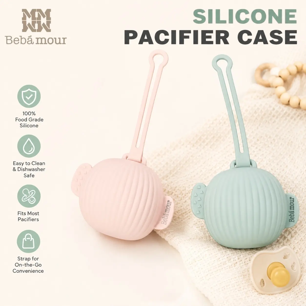 Bebamour Silicone Pacifier Holder Case Portable Pacifiers Storage Pacifiers Container Safe and Soft Material Silicone Pacifier Bags Grey Pink