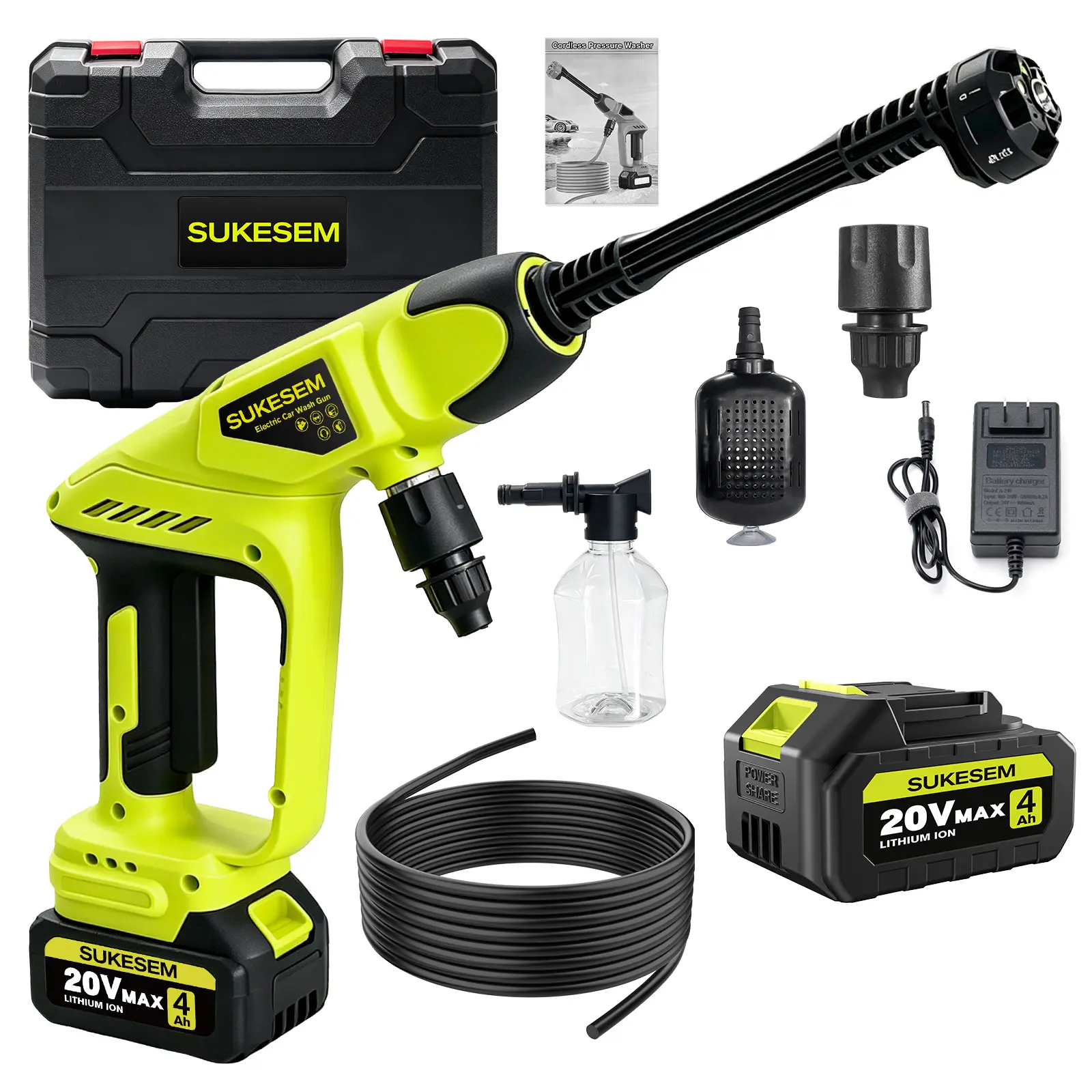 SUKESEM Cordless Pressure Washer, Portable High Pressure Cleaner with Batteries, Foam Cannon & Spray Nozzle for Car Washing, Patio Cleaning & Outdoor Use