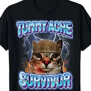 Men's Funny "Stomach Ache Survivor" Cat Meme Graphic Cotton T-Shirt, Vintage Humorous Casual Crew Neck Tee Ideal Holiday Gift
