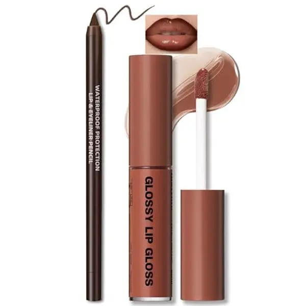 HOSAILY Natural Nude Lip Combo, Nourishing Lip Gloss&Brown Lip Liner Kit | Moisturizing High Shine Finish for Juicy Volume Lips, Sultry Y2K Looks, Lightweight Nude Brown Gloss&Silky Smooth Lip Contour