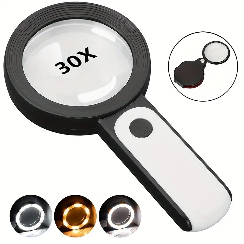 30x Portable Magnifying Glass with 18 LED Lights, Adjustable Cold Warm Light, Ideal for Elderly Reading Repair Inspection Work