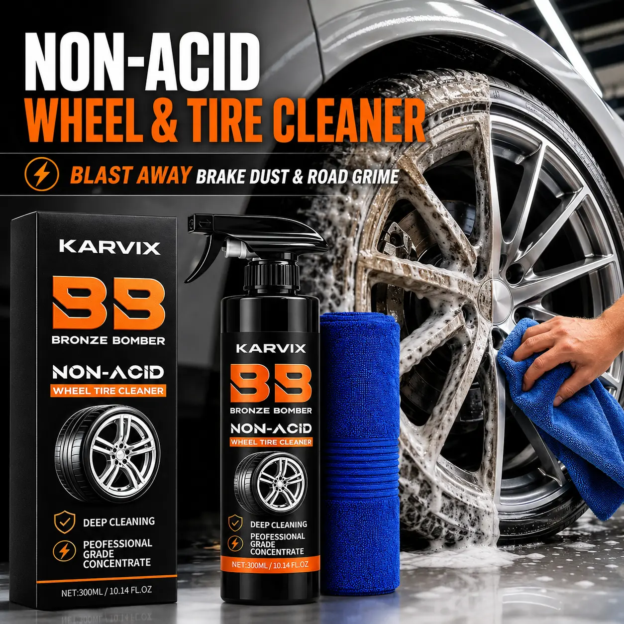 Non Acid Wheel Cleaner and Tire Cleaner with Microfiber Towel Rust Removal Spray for Wheels and Tires Brake Dust Road Grime Wheel Finish Care Car Washing Kit
