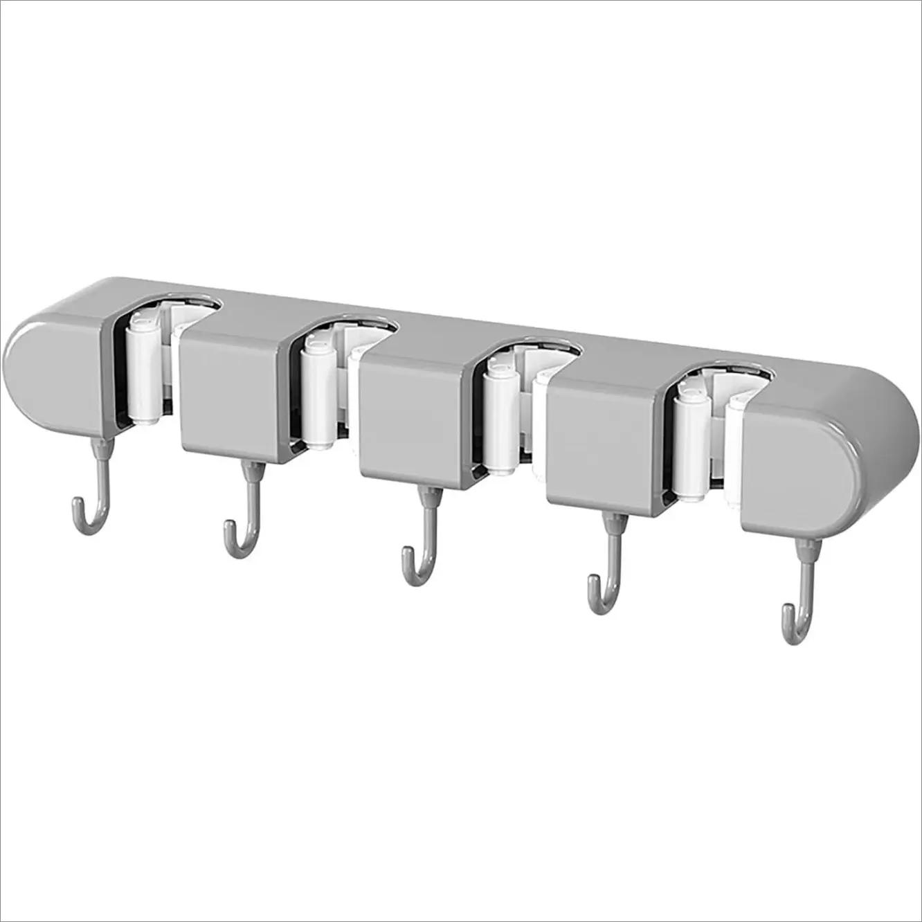 Wall Mounted Plastic Mop and Broom Organizer - Heavy Duty Compact Single Unit with 4 Racks, 5 Easy-Install Wall-Safe Hooks, Rails - Daily Laundry Space-Saving Holder for Kitchen, Garage (Handles Stay Put)