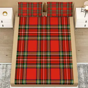 3pcs Scottish Plaid Tartan Bed Sheet Fitted Sheet Three Piece Set (1*Fitted Sheet+2*Pillowcases, Coreless), Christmas Theme, Classic Plaid Bedding, Mattress Protector Soft, Breathable, for Bedroom Decor, Living Room Design.
