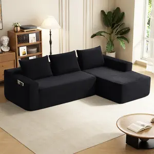 96.9" Cloud Sectional Sofa with L-Shape Chaise and Side Pockets , Bonelesscouches Compression Sleeper Bed ,Couch in a Box，Modern Sectional Modular Design, Deep Seating, Upholstered  for Living Room/Bedroom, No Assembly Required (Corduroy Fabric), summervi