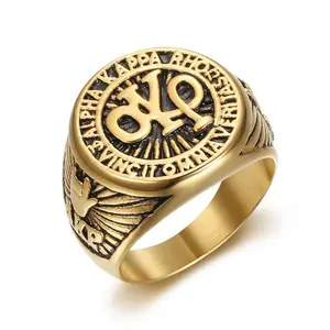 Men's Cast Polished Stainless Steel Vacuum Gold-Coated AKP Symbol Statement Ring, Trendy Hip Hop Fashion Accessory, Multi-Size Daily Wear Anniversary Jewelry, Male