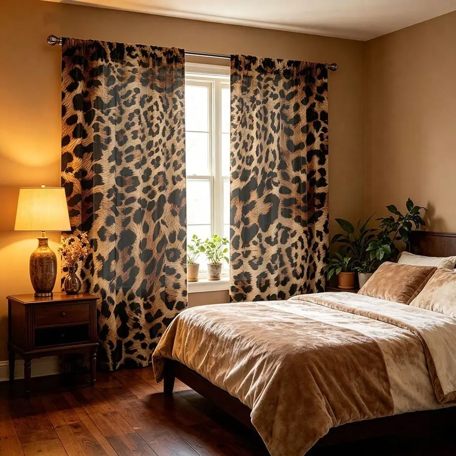2-piece leopard print printed semi-transparent curtains, rod bag curtains, suitable for living room, bedroom and home decoration. Hand washable, hookless.