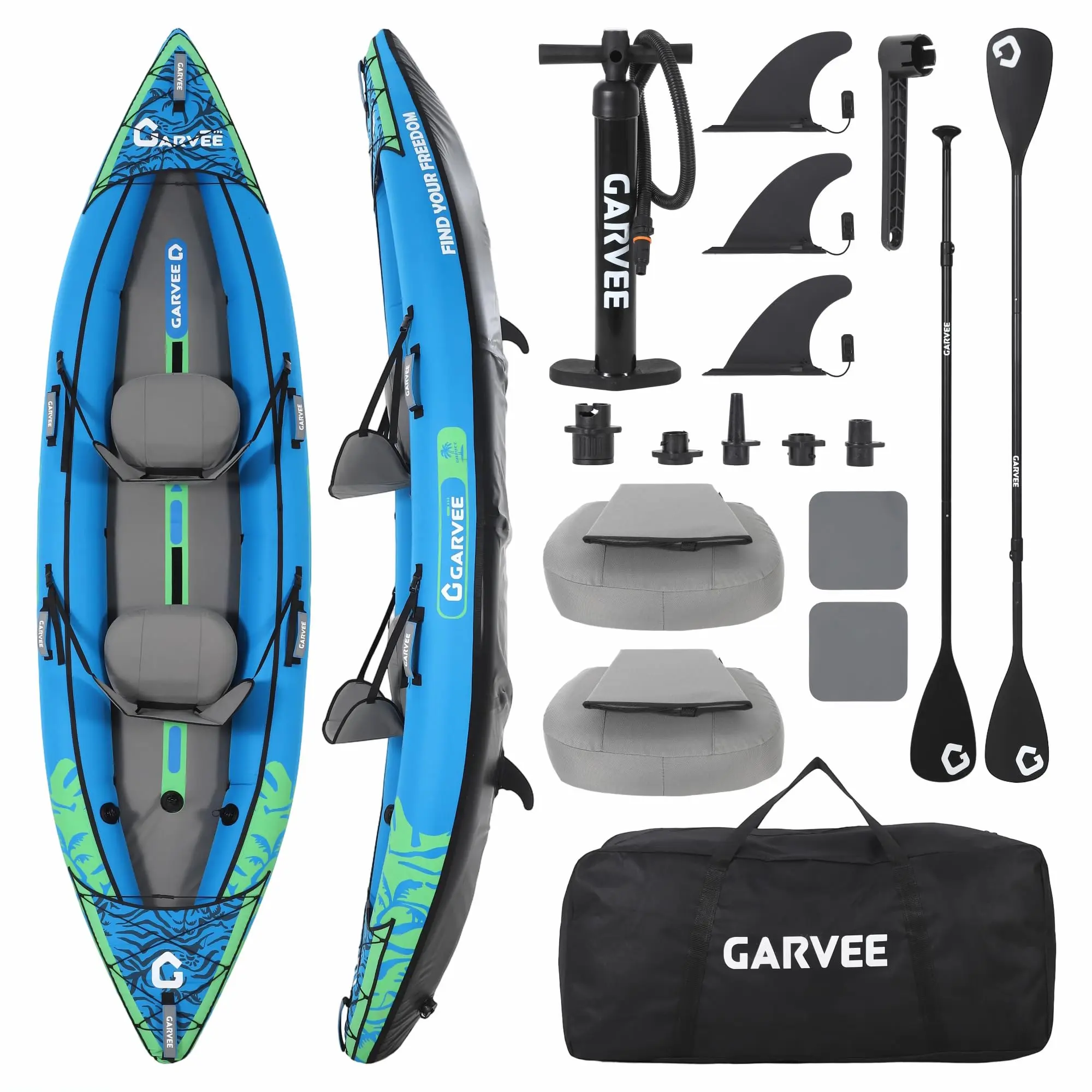 Garvee Fishing Kayak for Adults,2 Person Inflatable Kayak,Portable Touring Kayaks With Padded Seat, 3 Fins, Hand Pump, Carry Bag, Repair Kit，12.5FT/450 LBS Weight Capacity