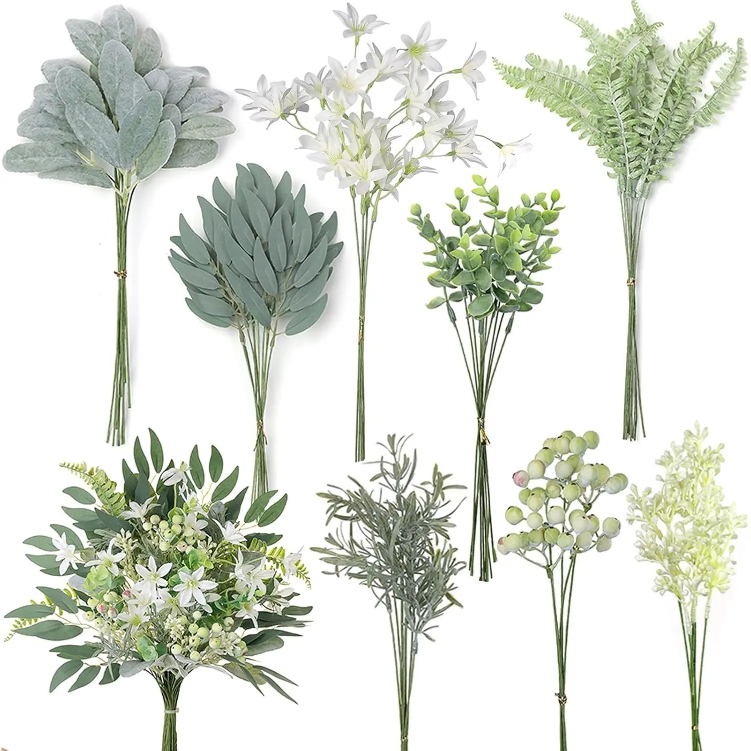 70-Pcs Decorative Artificial Greenery Stems Box Set - 8 Kinds Mixed Silk Faux Plants with Bendable Wires, Fake Flowers, Eucalyptus Leaves for Birthday Flower Arrangement, Wedding Centerpieces (Sage Green & White) - Home Improvement Plant Decor Accents, Fl