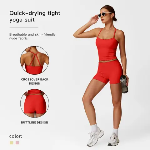 Women's 2-Piece Matching Solid Sports Set - Backless Lace-Up Sports Bra, High-Waisted Butt-Lifting Shorts, Lightweight Activewear Gym Sets for Yoga, Workout Apparel