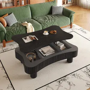 42" Rustic Black Hydraulic Lift Coffee Table for Living Room - Tool-Free Assembly, Fluted Panel Hidden Storage, Silent Lift, Curved Edges, Pre-Drilled Legs, 27"W x 13-18.9"H Indoor Furniture