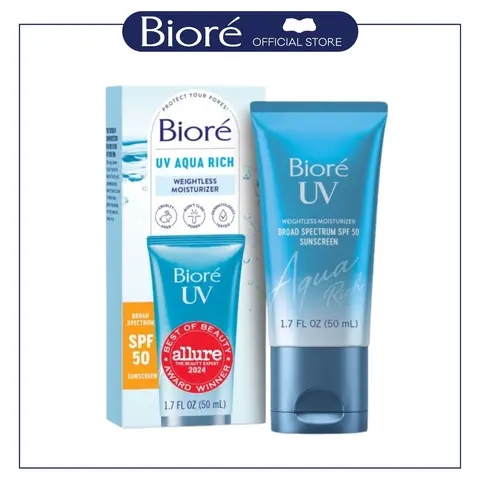 Bioré Skincare UV Aqua Rich Facial Moisturizer + SPF 50 Sunscreen + Primer, Hyaluronic Acid, Lightweight & Moisturizing Cream, No White Cast, 1 Pack
