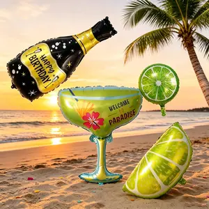 Hawaiian Party Decor Aluminum Foil Set, Gold Champagne Bottle, Summer Drink Cups, Lemon Balloons, Pool Beach Party Decor