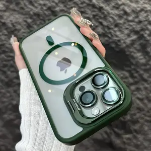 For iPhone 14 15 Pro Max Luxury Magnetic Shockproof Phone Case For iPhone13 14 15 11 12 Pro Max Plus Magsafe Funda Stand Glass Lens Protection Back Cover