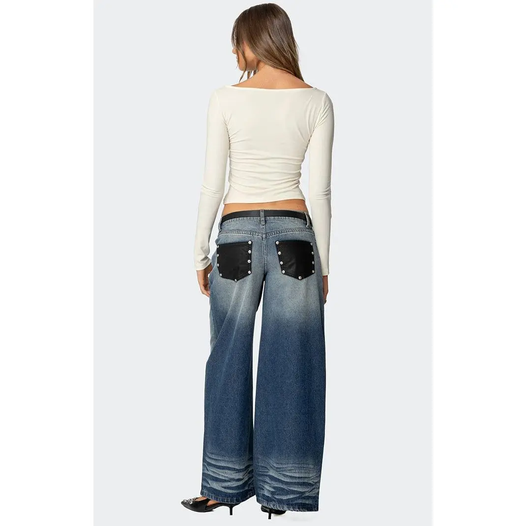 Edikted Women's Faux Leather Pocket Low Rise Jeans