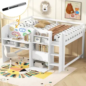Low Loft Bed Full Size with Built-in Desk,Storage Cabinets and Open Bookcase,Whiteboard for Graffiti, Wooden Full Size Bed Frame with Storage, No Box Spring Needed