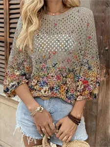 Spring and Summer collection, Boho chic floral, round-neck open-front loose batwing shoulder sleeve pullover, color-blocked floral print ladies' knit top with a beachy vibe, bohemian beach-style seaside pullover