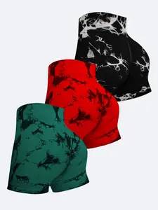 3-Pack Women's High-Waisted Yoga Shorts, Athleisure Shorts, Tie-Dye Sportswear, Butt-Lift Waist-Tightening, Ideal for Fitness & Gym Activities