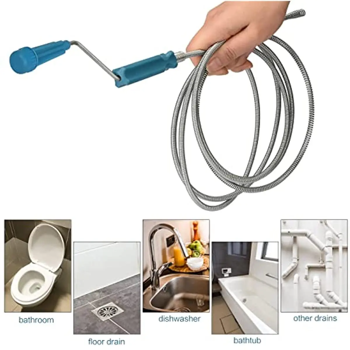 2pcs Flexible Drain Cleaning Tool Sewer Unclogger with Coiled Spring Design, Metal Coil for Easy Pipe Cleaning, No Battery Required, Blue Handle, Hand Crank Design, Longlasting Material, Drain Clog Remover