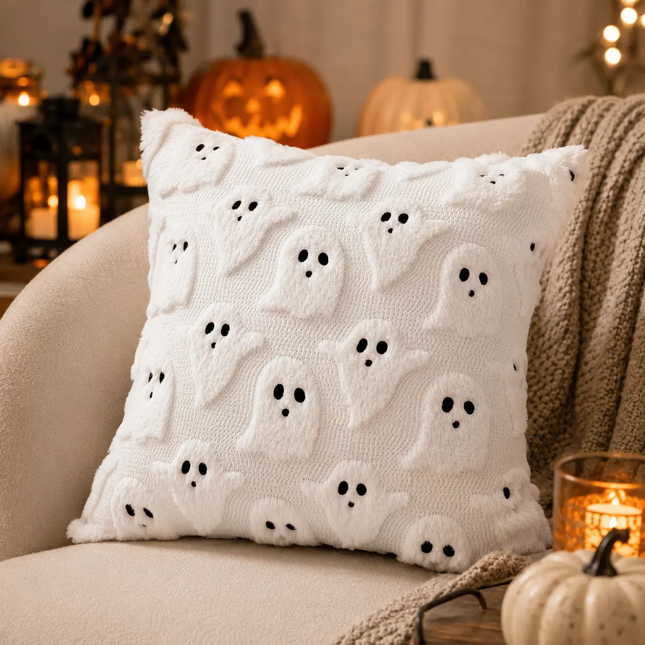 Halloween Ghost Throw Pillow, Cute Spooky Decorative Square Cushion for Home Sofa Bedroom
