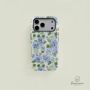 Blue Hydrangea Floral Girly Aesthetic Cellphone Case - 2-in-1 Dual Layer Shockproof Tough Casing, Garden-Themed Wireless-Friendly Accessory for iPhone 17 16 15 14 13 12 Pro Max Handheld Devices, Romantic Spring Gift for Her outdoorfun