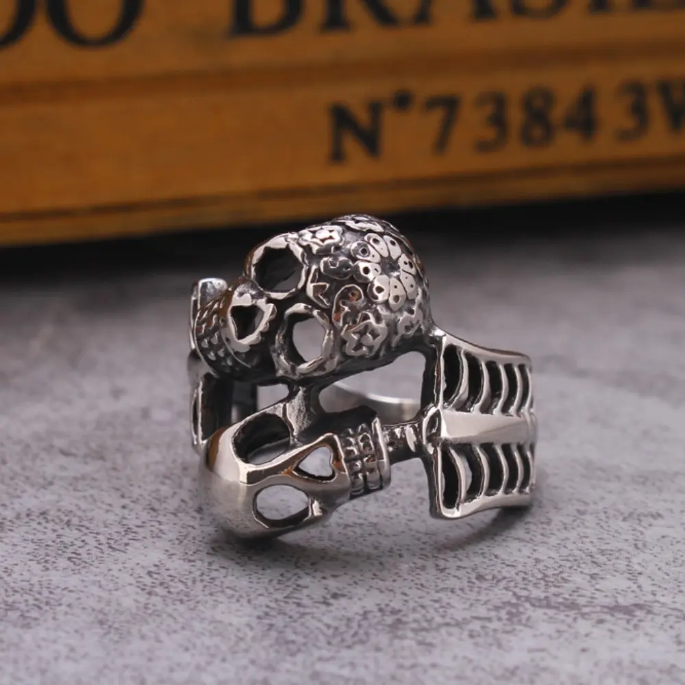 Men's Adjustable Stainless Steel Double Skull Punk Ring - European Punk Fashion Accessory, Domineering Adjustable Rings for Wedding