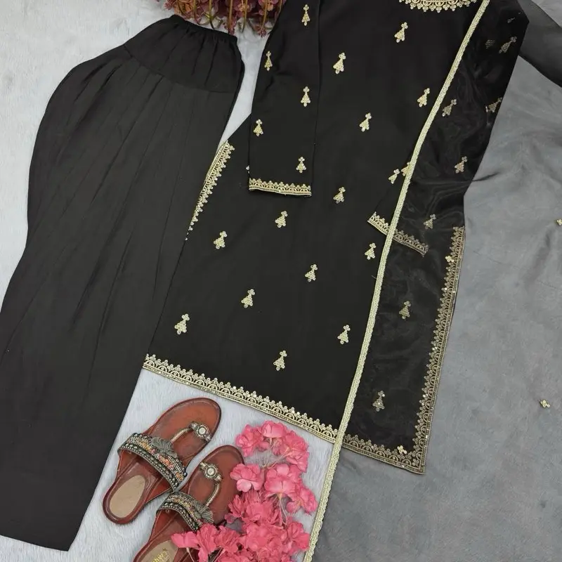 Farshi Women's Black Salwar Kameez with Gold Embroidery for Casual Party Wear Indian Summer Collection