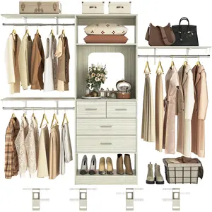 Unikito 8FT White Oak Closet System - 96" W x 16" D x 80" H Sturdy Walk-In Wardrobe Insert with 4 Drawers, Mirror, Hanging Rods and Tower (Cuttable to Fit)