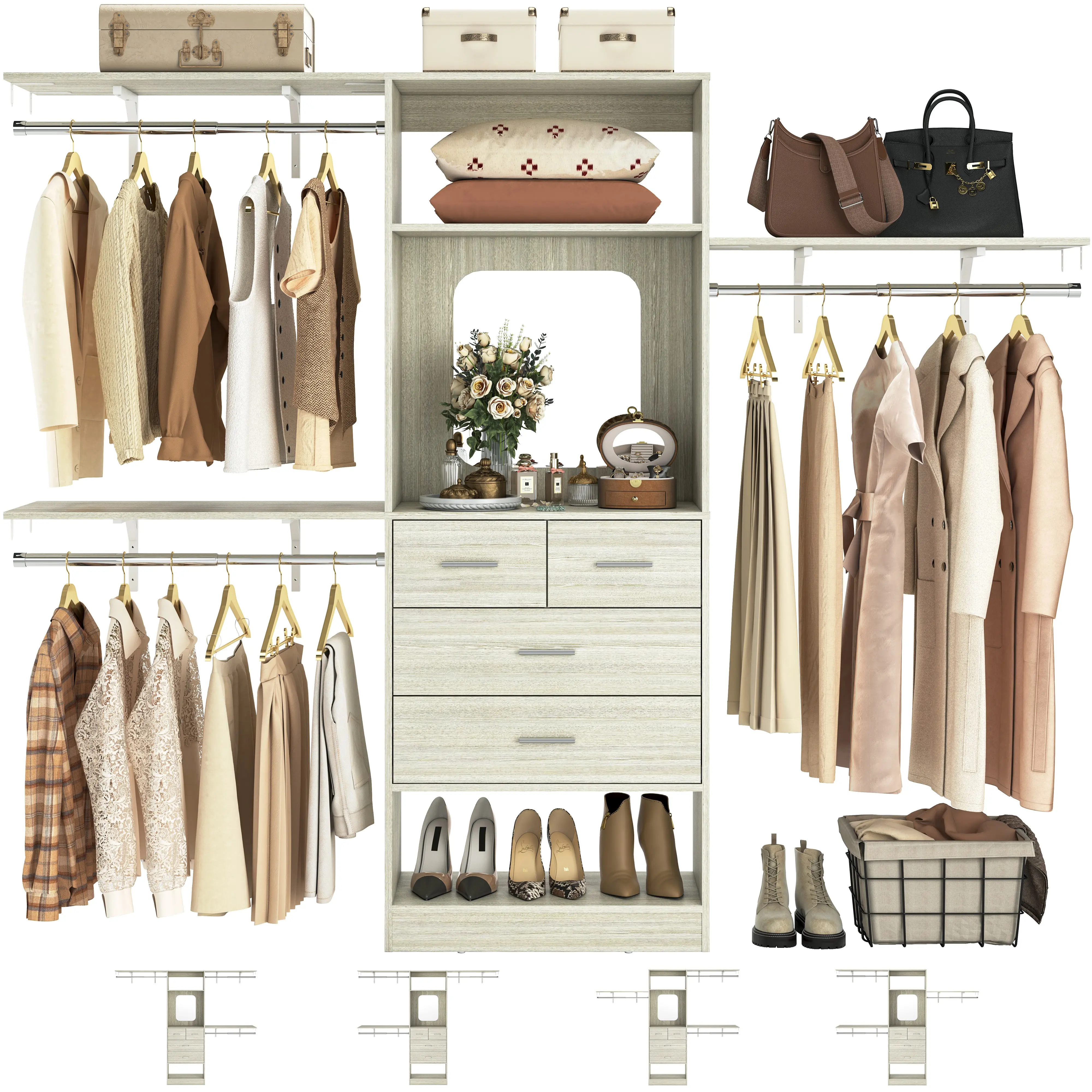 Unikito 8FT White Oak Armoire Wardrobe Closet - 96" W x 16" D x 80" H Sturdy Walk-In Multi Functional Wardrobe Storage Cabinet Insert with 4 Drawers, Mirror, Hanging Rods, Tower (Cuttable to Fit)