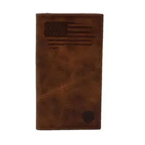 Ariat Men’s Patriotic Rodeo Wallet - Distressed Brown Leather, USA Flag, Shield Logo, Card Slots, ID Window, Brown, Compartmented, Masculine, Multifunctional Men’s Wallet, Brown Men's Wallets, Compartmented Men's Wallets