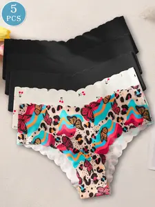 Women's Seamless Wave Hem Triangle Panties, Butterfly Cherry Print, Comfortable Skin-Friendly Fabric, Soft Comfy Panties, Slim-Fitting, All Seasons, Seamless No Show
