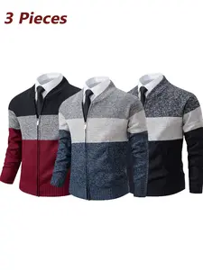 Men's 3-Pack Colorblock Striped Stand Collar Zipper Knit Sweater, Classic Baseball Neck, Soft Breathable Fabric, Pocket Design