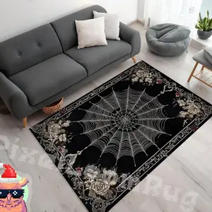 Gothic Spider Web Area Rug - Elegant Black Rug with Floral Border, Unique Living Room Decor, Halloween Gift Idea, Home Accent Carpet