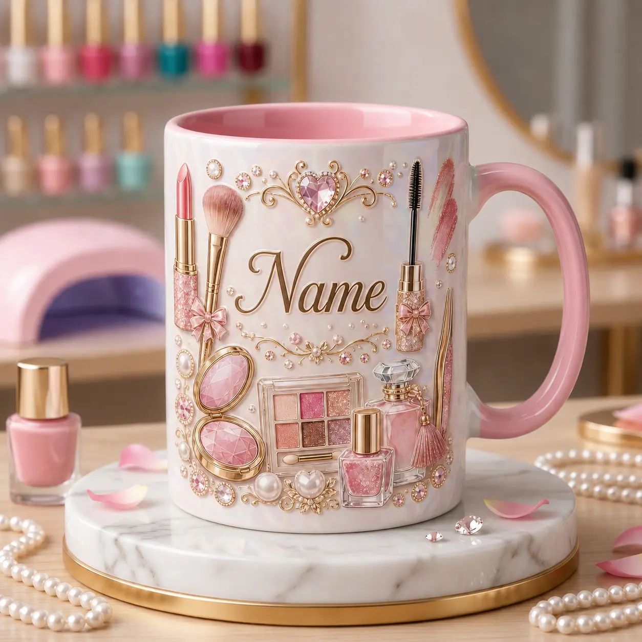 Personalized Beauty Lover Mug, 2D Printed 3D Effect Makeup Ceramic Coffee Cup with Glam Cosmetics Design, Chic Fashion Mug for Makeup Artists and Beauty Enthusiasts, Perfect Birthday Christmas Gift for Her