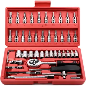 46 piece set of 1/4 inch drive socket ratchet wrench set, including metric head socket set and extension rod, suitable for car maintenance and home use, with storage box