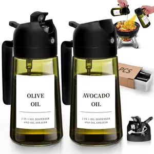 Olive Oil Dispenser 2-in-1 Oil Sprayer & Dispenser Set - 16oz Dark Green Glass Bottle with Convenient Labels for Easy Cooking Organization - Utensils