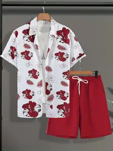 Hawaiian Floral Print Short Sleeve Shirt Shorts Set, Summer Men's Beach Vacation Casual Two-Piece, Tropical Flower Print, Fitted Blouse