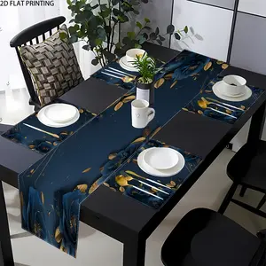 2D flat printing, 1 piece/4 pieces/6 pieces/8 pieces/5 pieces set/7 pieces set blue floral table flag placemat set, rose design, suitable for dining tables, coffee tables, home decoration, elegant dining table decoration, Aesthetic