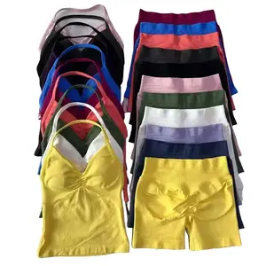 Seamless outdoor sports 2-piece  with padded  neck push-up  and butt-lifting pleated fitness  for women summer sportswear yoga suit impact cute gym  solid  sport bra casual comfy sporty Backless Halter Crop Top Set biker shorts workout sets women