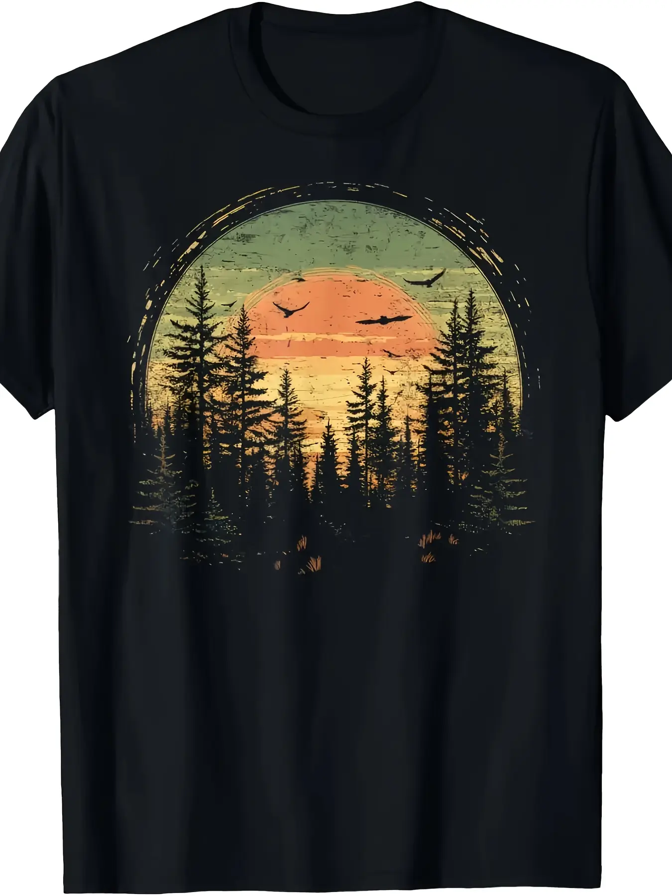 Men's casual T-shirt, retro wild bear and pine reflection printing, round neck short sleeve, all-season breathable outdoor activities and daily wear, bear pattern T-shirt, durable heavy cotton, holiday trip, work commute, artistic print